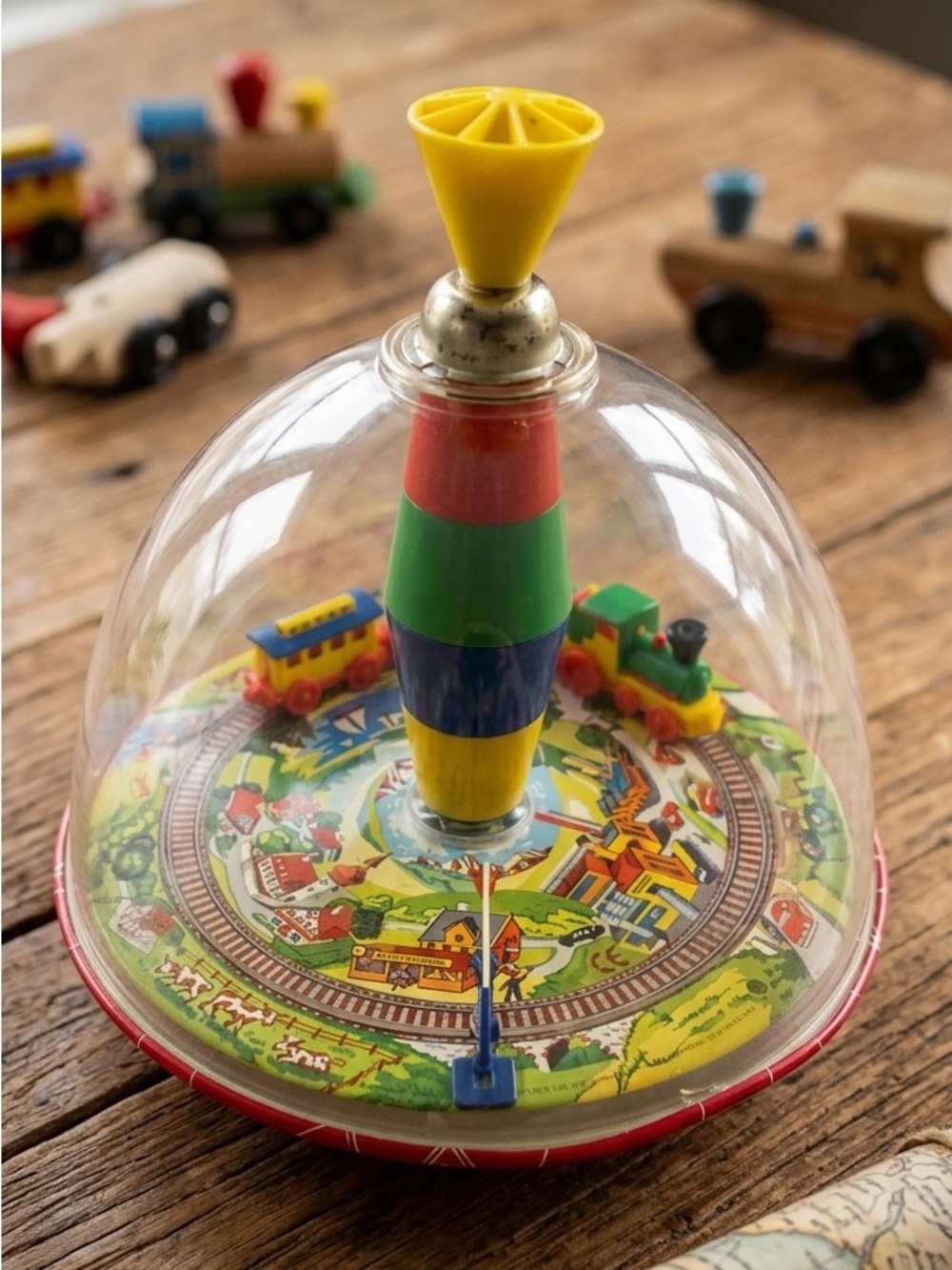 Vintage Lorenz Bolz Tin Spinning Top 1950s West Germany Train Station Works 7.5"